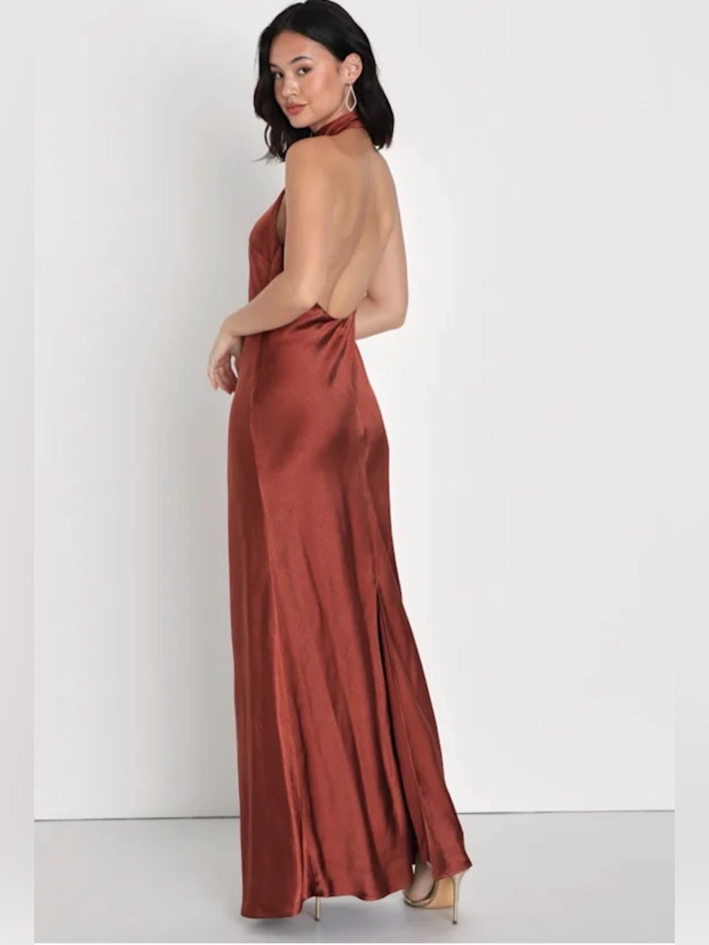 NWT Lulu's Rust Brown Satin Halter Backless Maxi Dress XL